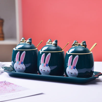 Cute Cartoon Rabbit Ceramic Spice Jar Set - 3 Pieces with Tray