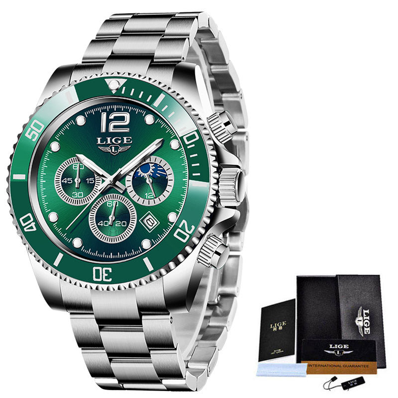 LIGE Luxury Men's Chronograph Quartz Watch - Waterproof Stainless Steel Sports Wristwatch