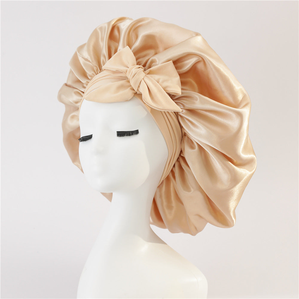 Wide-Brimmed Satin Bonnets with Elastic Ribbon Bow | Solid Color Hairdressing Sleep Cap