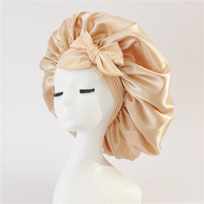 Wide-Brimmed Satin Bonnets with Elastic Ribbon Bow | Solid Color Hairdressing Sleep Cap