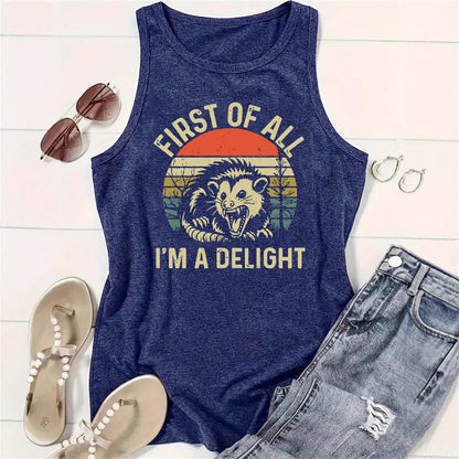 First of All, I'm a Delight' Lion Print Loose Vest | Funny Slogan Graphic Tank Top
