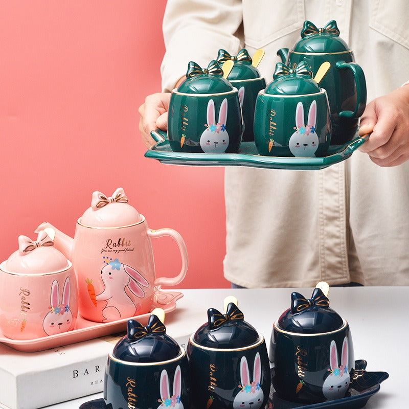 Cute Cartoon Rabbit Ceramic Spice Jar Set - 3 Pieces with Tray