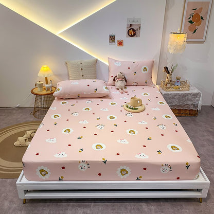 Premium Cotton Elastic Fitted Bed Sheet – Non-Slip Geometric Printed Bed Linen for Queen & King Size Beds