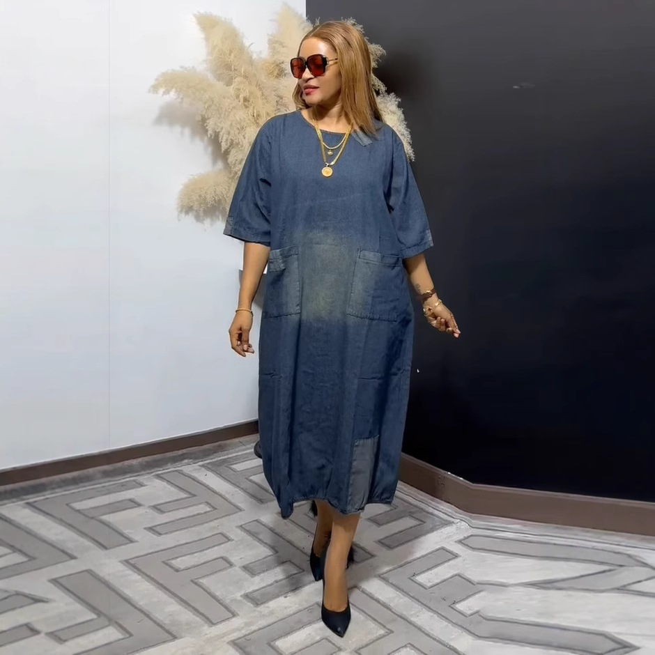 Retro Loose Fit Denim Midi Dress - Casual Patchwork Kaftan Dress