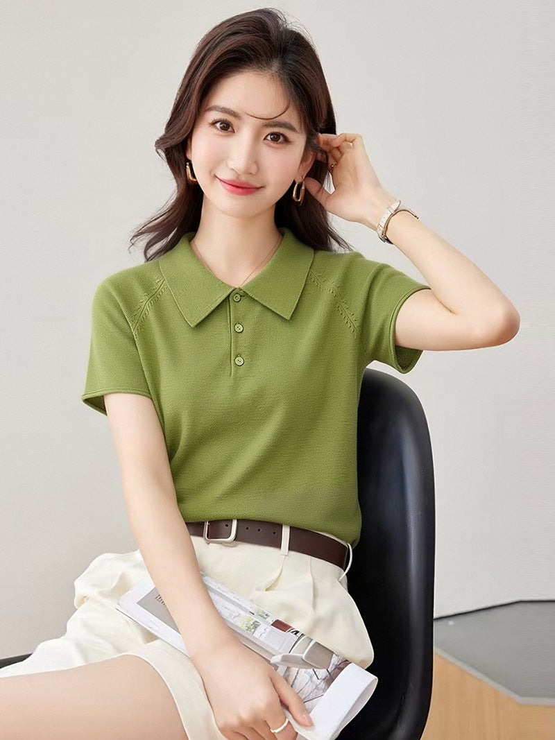 Elegant Ice Silk Knitted Polo Shirt - Unique Fitted Regular Shoulder Top for
