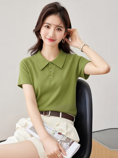 Elegant Ice Silk Knitted Polo Shirt - Unique Fitted Regular Shoulder Top for