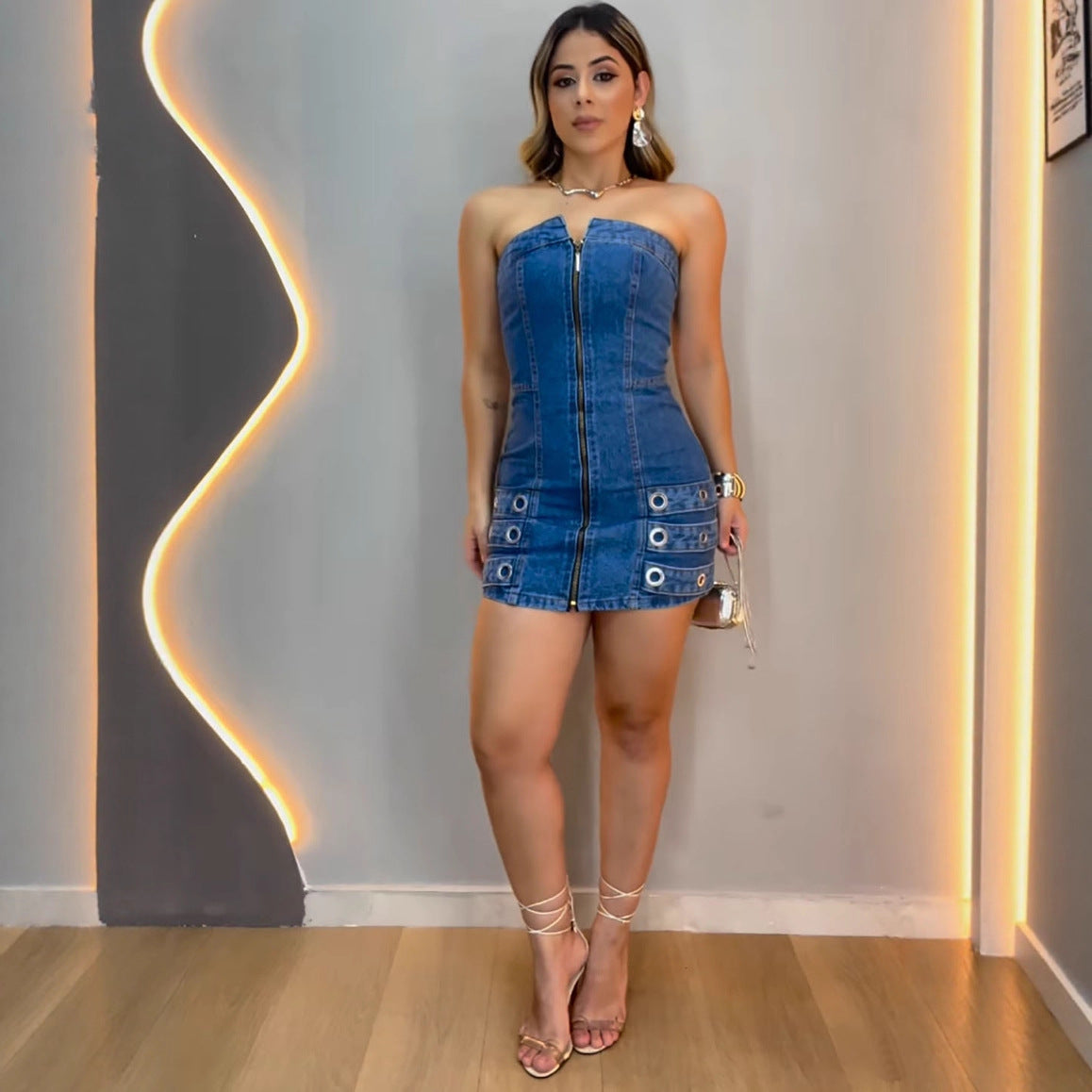 Sexy Strapless Off-Shoulder Denim Mini Dress with Metal Studs