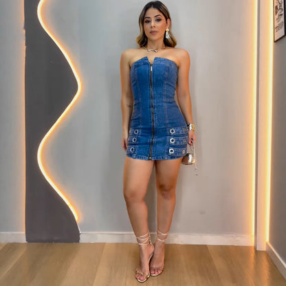 Sexy Strapless Off-Shoulder Denim Mini Dress with Metal Studs