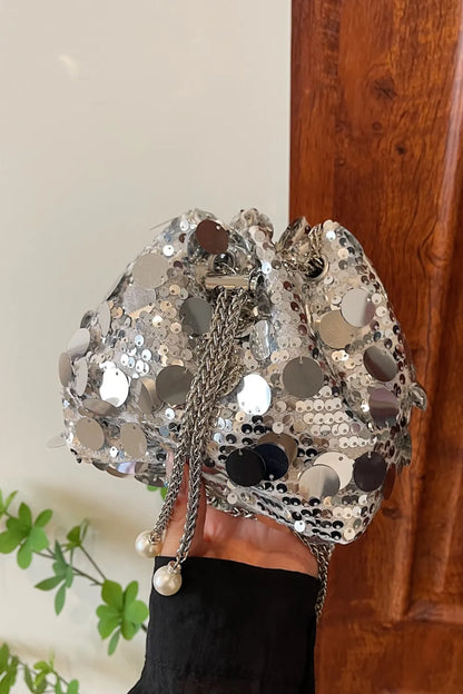 Shimmering Drawstring Sequin Pouch Crossbody Bag