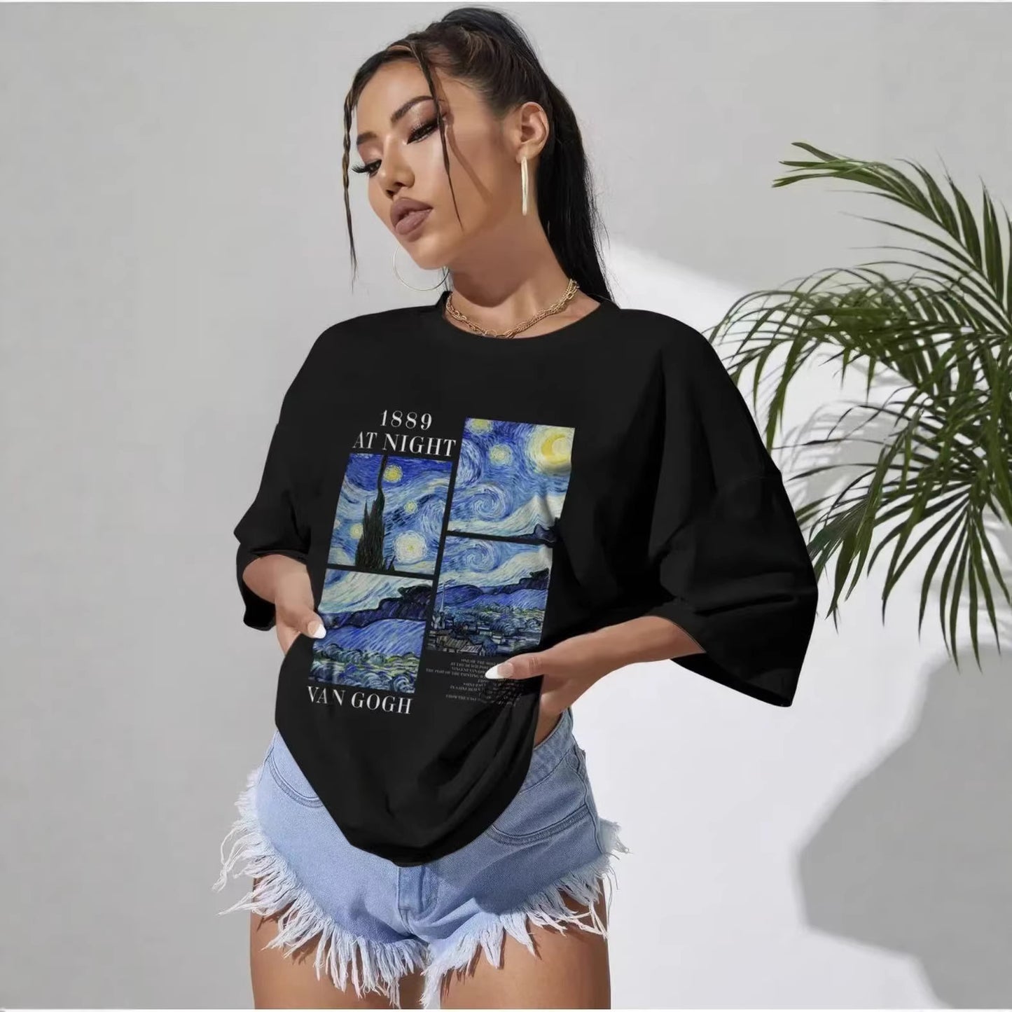 Women's Casual Starry Sky Pattern Graphic Tee - Artistic Black T-Shirt