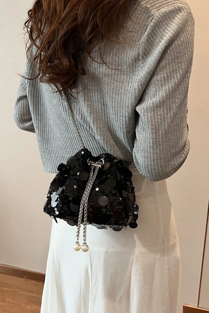 Shimmering Drawstring Sequin Pouch Crossbody Bag