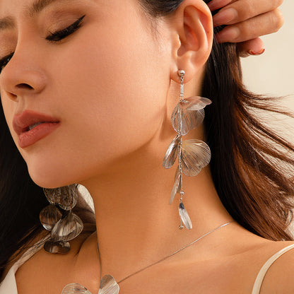 Retro Gold Ginkgo Leaf Tassel Necklace & Long Drop Earrings Set