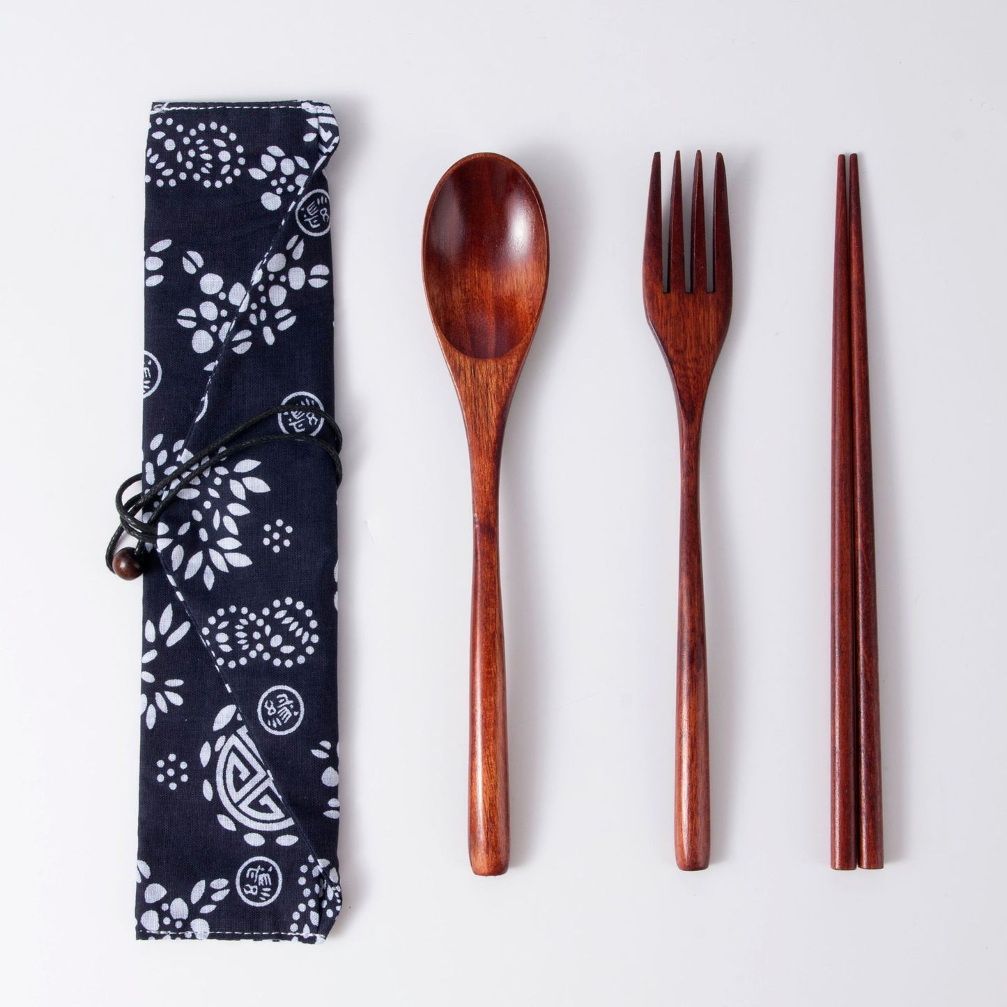 Japanese Style 3-Piece Portable Wooden Cutlery Set with Pouch