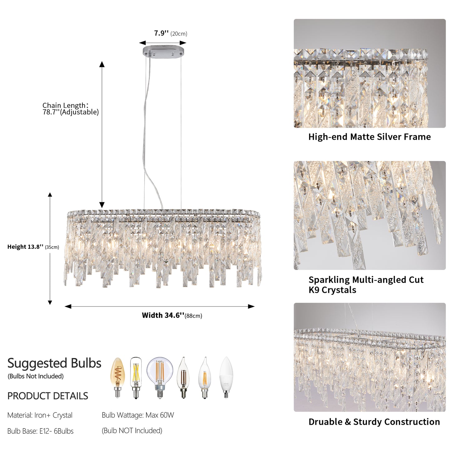 Luxury Modern Silver Oval Crystal Pendant Light - Elegant Chandelier for Living & Dining Room