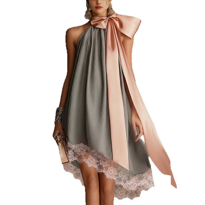 Fashionable Loose Satin Ribbon Strapless Summer Vacation Dress with Lace Hem