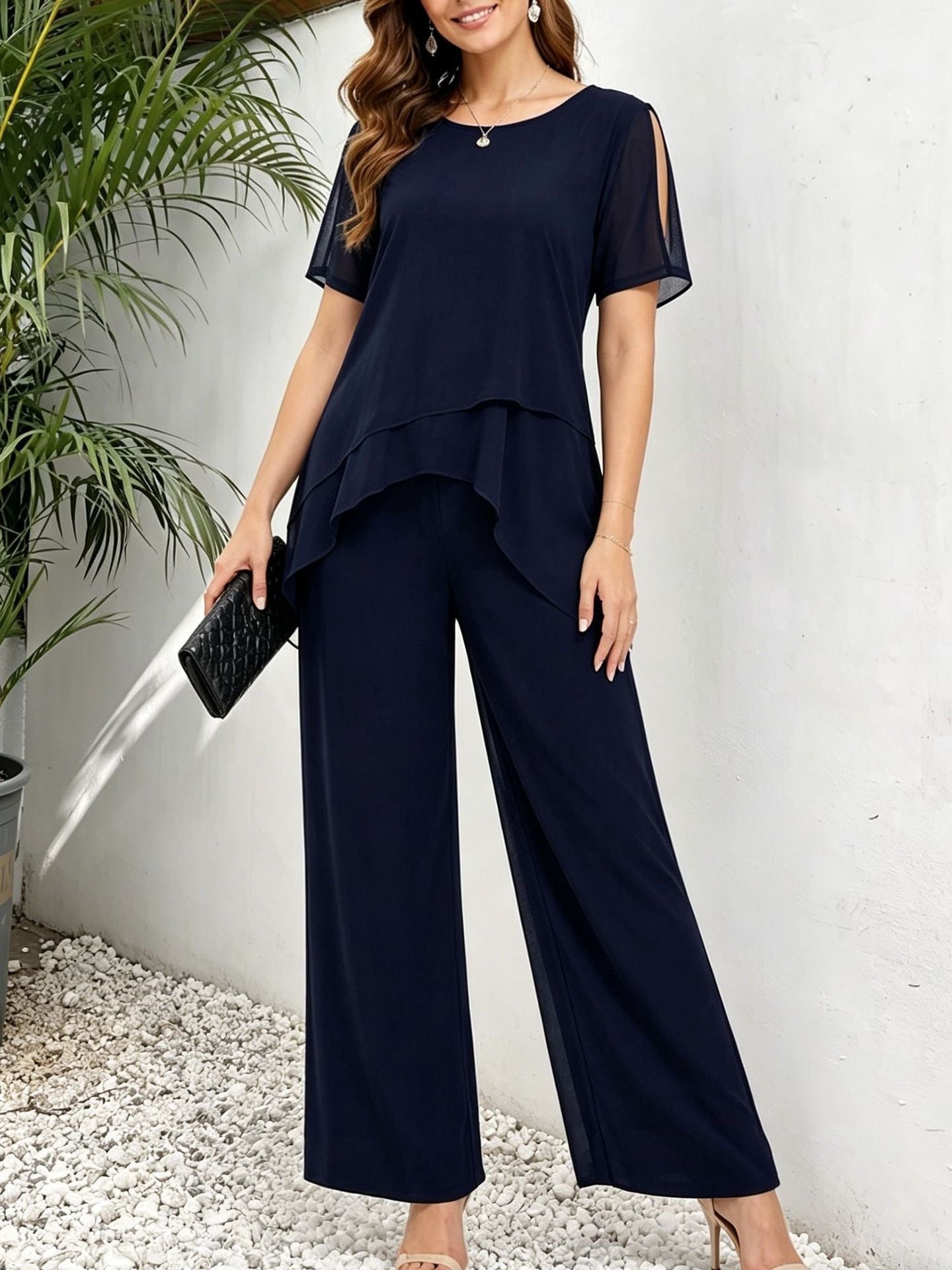 Women's Elegant Irregular Layered Top and Wide-Leg Pants Two-Piece Set