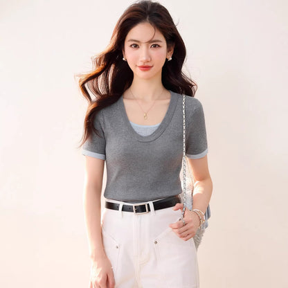 Women's U-Neck Color-Block Knit Top - Slimming Waist Cinching T-Shirt