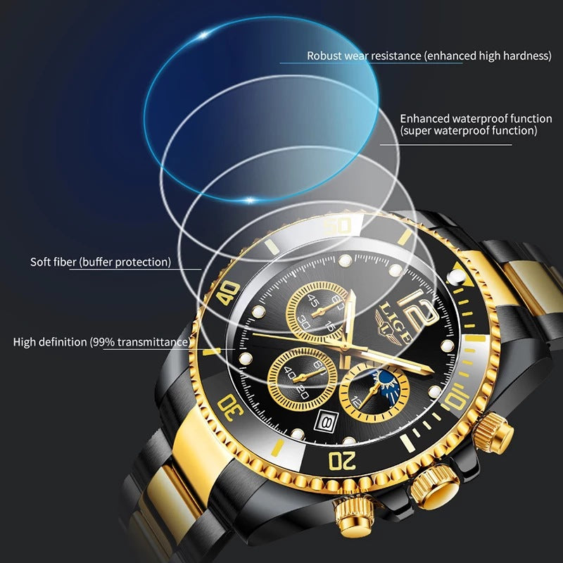 LIGE Luxury Men's Chronograph Quartz Watch - Waterproof Stainless Steel Sports Wristwatch