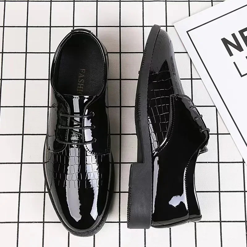 Men's Business Formal Leather Shoes - Glossy Crocodile Pattern Oxford Shoes