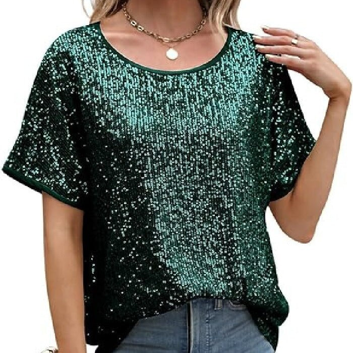 Sparkly Champagne Sequin Party Top - Glamorous Loose Fit Short Sleeve Evening Tee