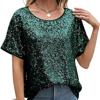 Sparkly Champagne Sequin Party Top - Glamorous Loose Fit Short Sleeve Evening Tee