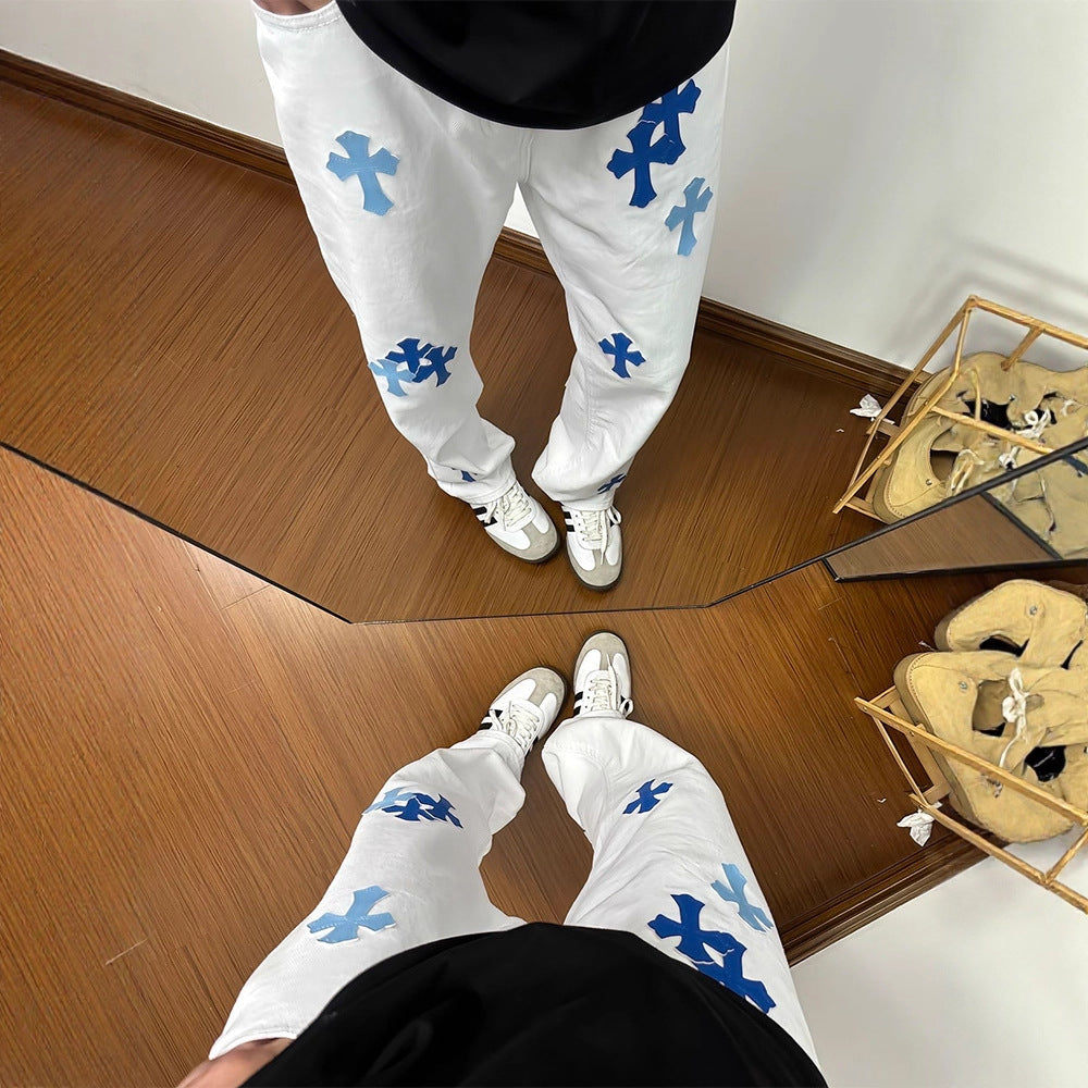 Men's Urban Street-Style White Flared Jeans | Graphic Print Slim Fit Denim