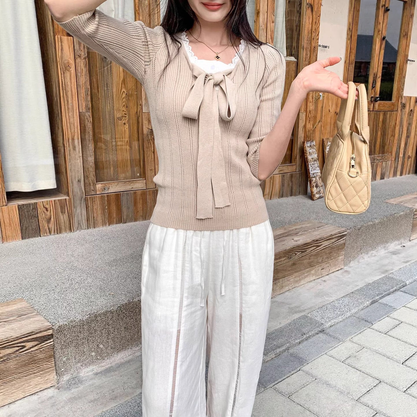 Elegant Lace Spliced Mock Two-Piece Knitted Top – Chic Knotted Fall Sweater for Women