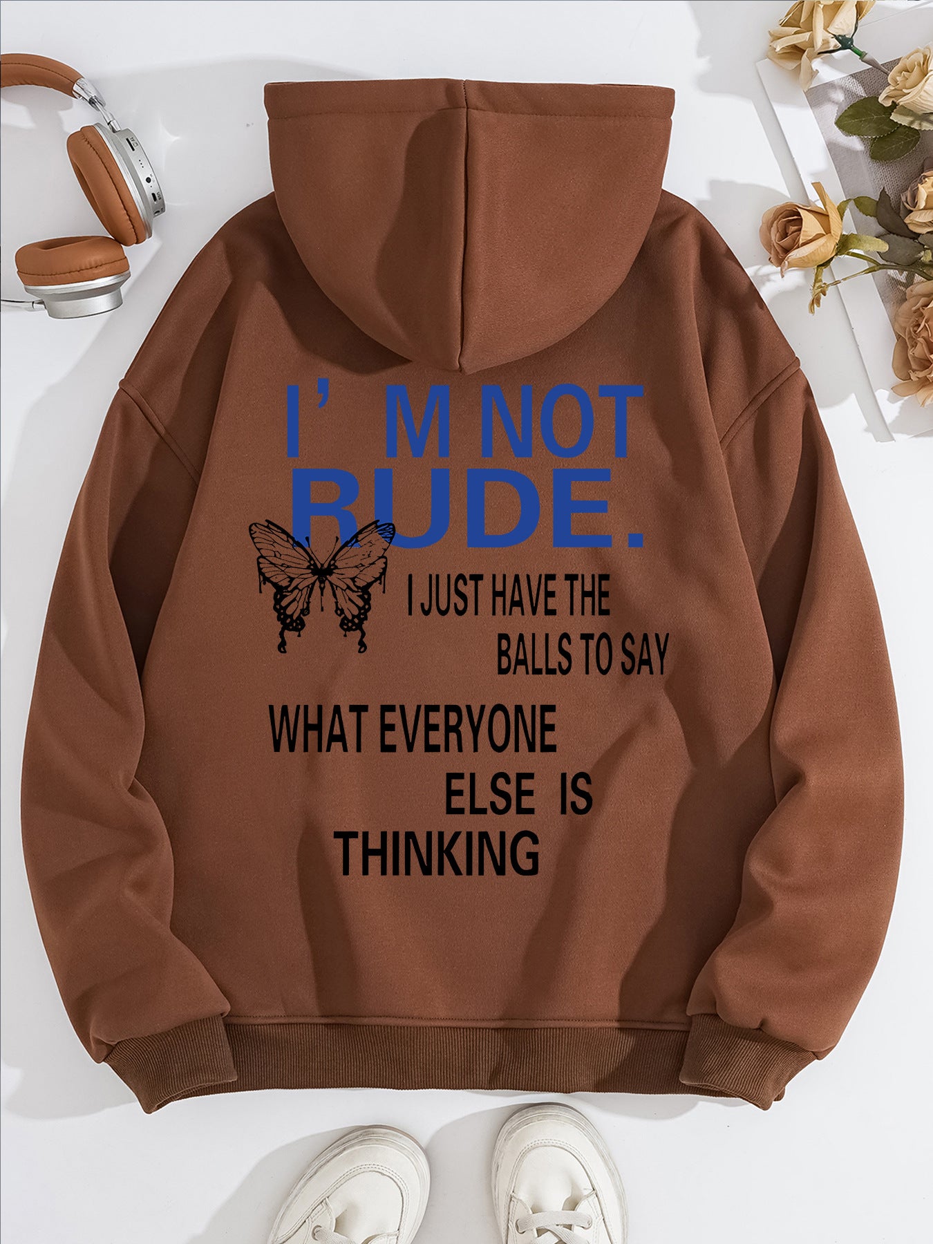 Funny Quote Print Fleece Hoodie | Beige Kangaroo Pocket Pullover for Men & Women