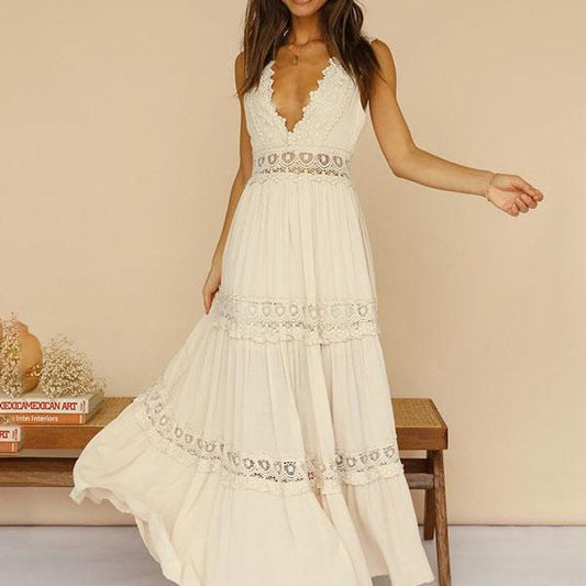 Elegant Lace V-Neck Maxi Dress - Boho Chic Backless Summer Party Gown