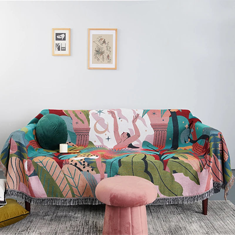 Forest Dancer Artistic Throw Blanket – Reversible Double-Sided Sofa Cover with Elegant Tassels