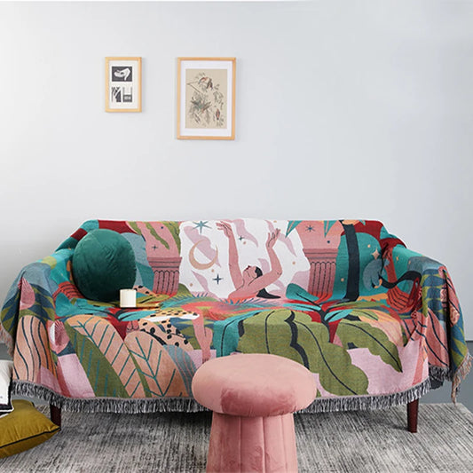Forest Dancer Artistic Throw Blanket – Reversible Double-Sided Sofa Cover with Elegant Tassels