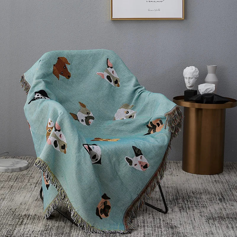 Cute Cartoon Dog Print Throw Blanket – Multipurpose Cotton Sofa Slipcover & Travel Travel Blanket