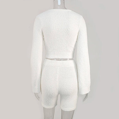 Cozy 2-Piece Fluffy Lounge Set - Flare Sleeve Crop Top & Shorts Suite
