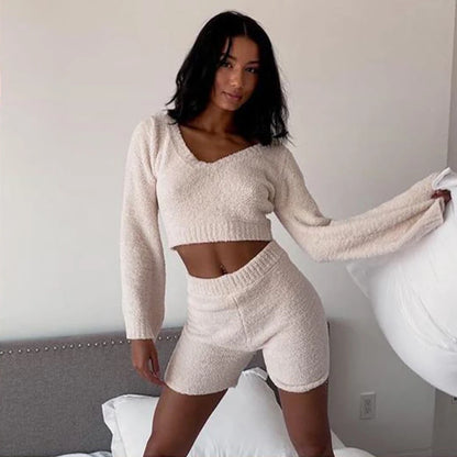 Cozy 2-Piece Fluffy Lounge Set - Flare Sleeve Crop Top & Shorts Suite
