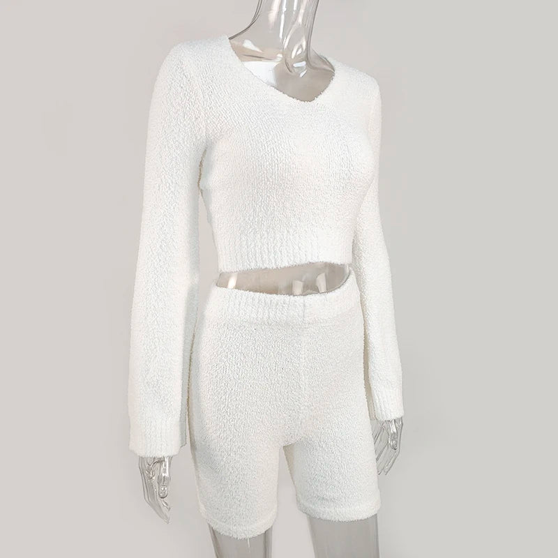 Cozy 2-Piece Fluffy Lounge Set - Flare Sleeve Crop Top & Shorts Suite