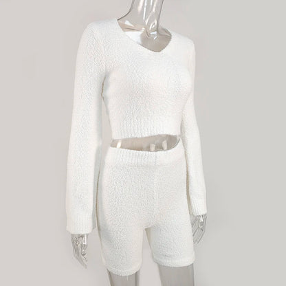 Cozy 2-Piece Fluffy Lounge Set - Flare Sleeve Crop Top & Shorts Suite