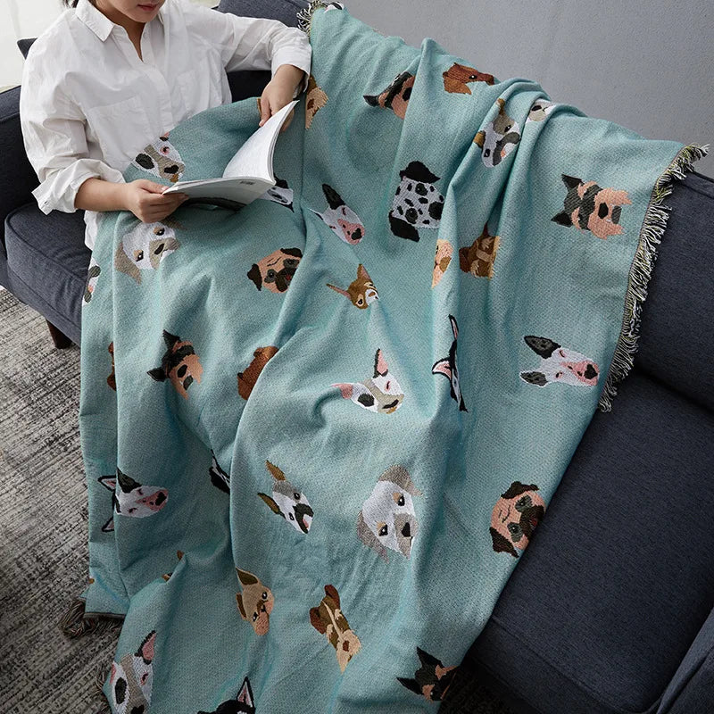 Cute Cartoon Dog Print Throw Blanket – Multipurpose Cotton Sofa Slipcover & Travel Travel Blanket