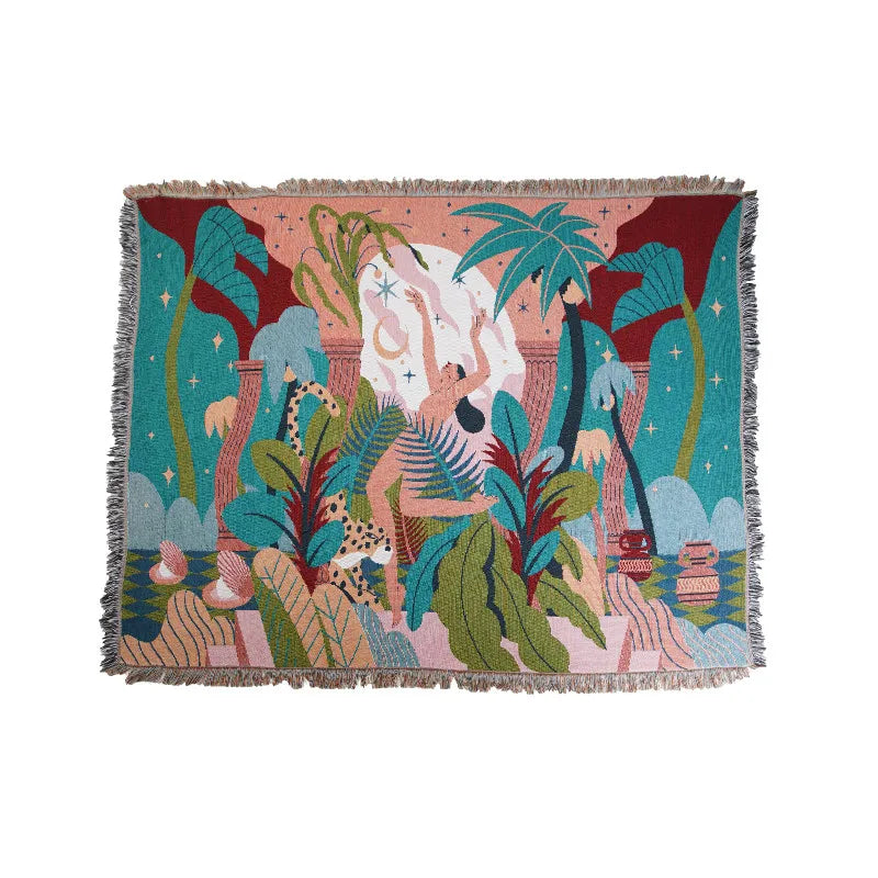 Forest Dancer Artistic Throw Blanket – Reversible Double-Sided Sofa Cover with Elegant Tassels