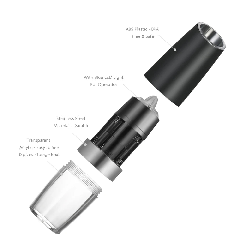Automatic Electric Gravity Salt and Pepper Grinder Set - Battery Operated Mills with Adjustable Coarseness & LED Light