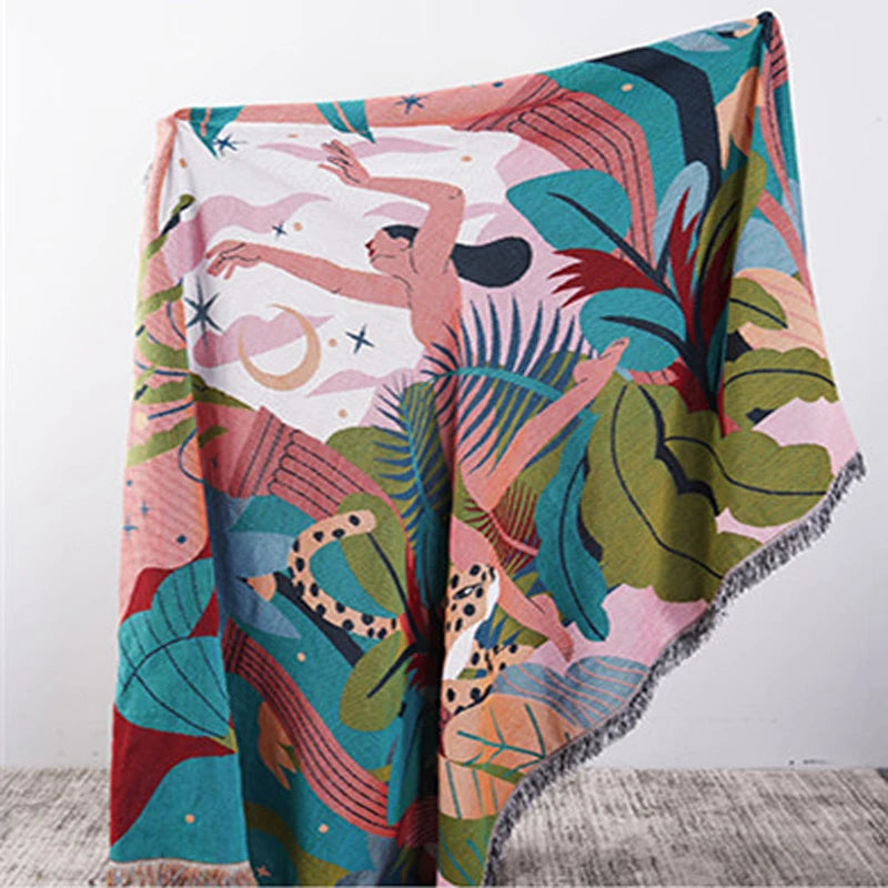 Forest Dancer Artistic Throw Blanket – Reversible Double-Sided Sofa Cover with Elegant Tassels