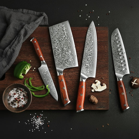 XINZUO 4-Piece Damascus Steel Kitchen Knife Set - 67 Layers VG10 Core Chef, Santoku, Utility & Cleaver Knives with Ergonomic Wood Handle