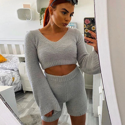 Cozy 2-Piece Fluffy Lounge Set - Flare Sleeve Crop Top & Shorts Suite
