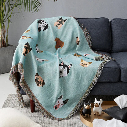 Cute Cartoon Dog Print Throw Blanket – Multipurpose Cotton Sofa Slipcover & Travel Travel Blanket