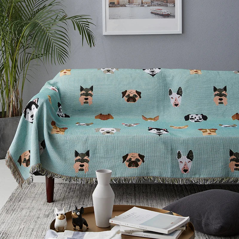 Cute Cartoon Dog Print Throw Blanket – Multipurpose Cotton Sofa Slipcover & Travel Travel Blanket