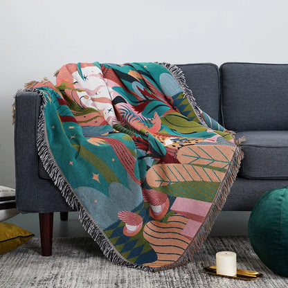 Forest Dancer Artistic Throw Blanket – Reversible Double-Sided Sofa Cover with Elegant Tassels