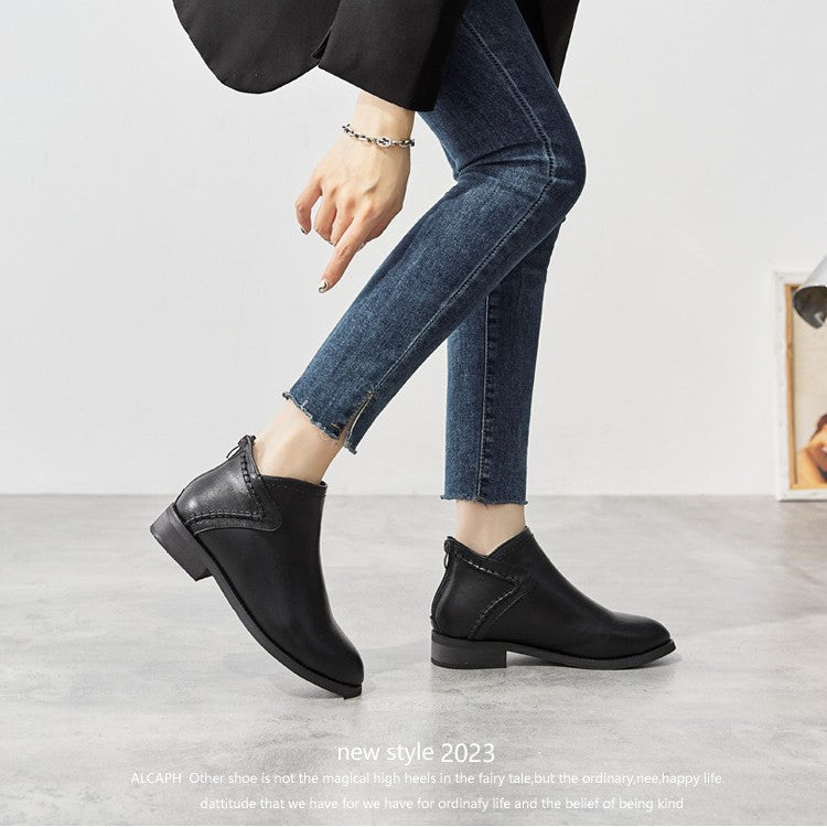 Women's Classic Black Flat Ankle Boots with Back Zipper