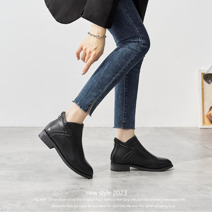 Women's Classic Black Flat Ankle Boots with Back Zipper
