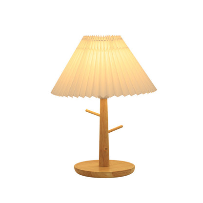 Nordic Vintage Pleated Lampshade Bedside Lamp / Modern Cozy Table Lamp with Wooden Stand for Bedroom & Living Room