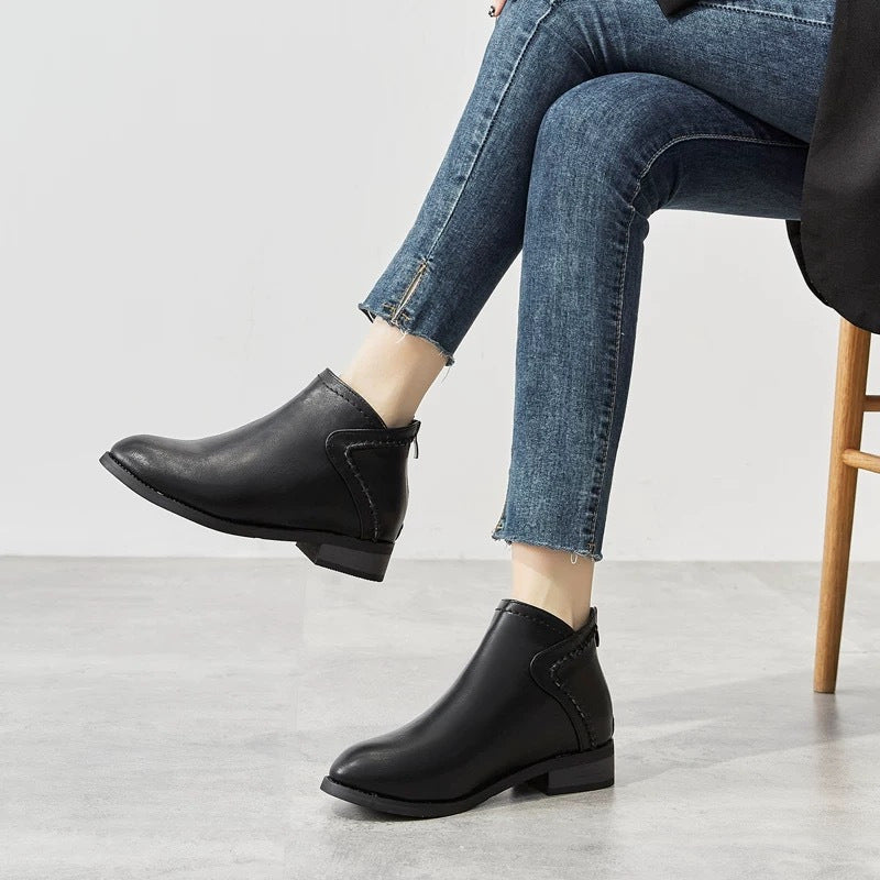 Women's Classic Black Flat Ankle Boots with Back Zipper