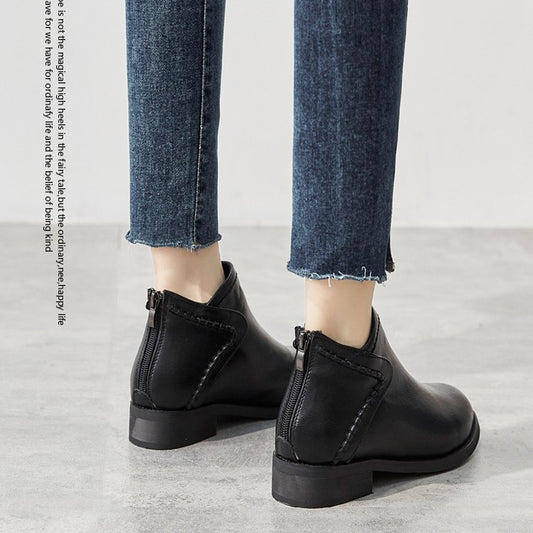 Women's Classic Black Flat Ankle Boots with Back Zipper